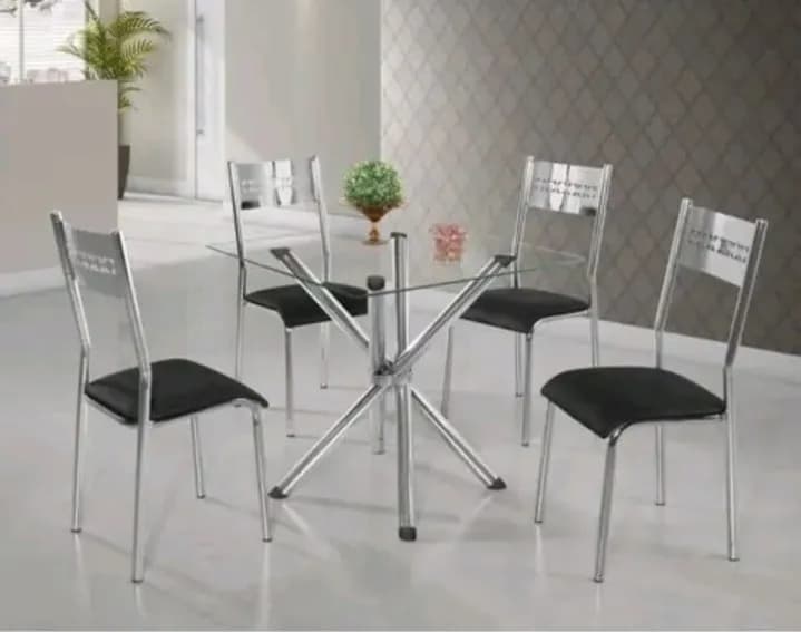 MESA 4 CADEIRAS VIDRO ACO NOBRE PREMIUM 80/80