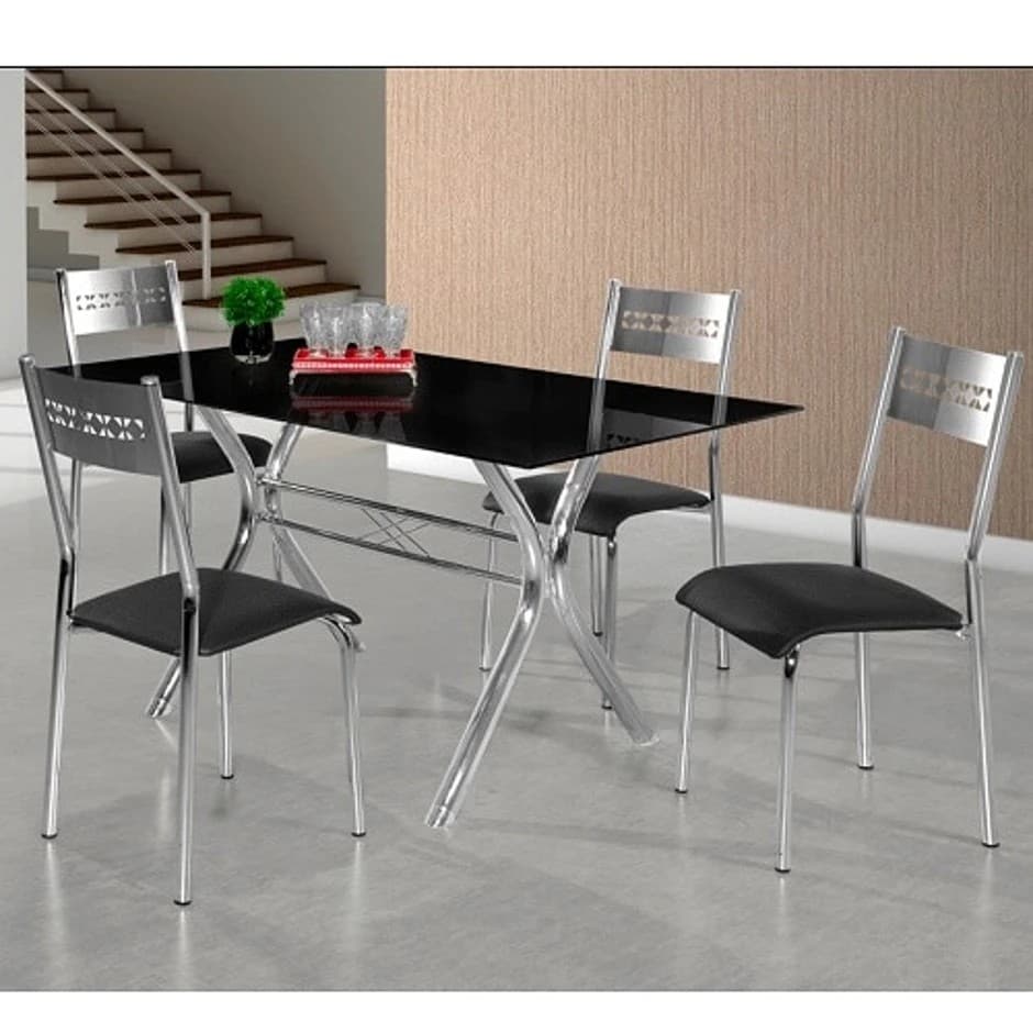 MESA 4 CADEIRAS VIDRO ACO NOBRE LINEA